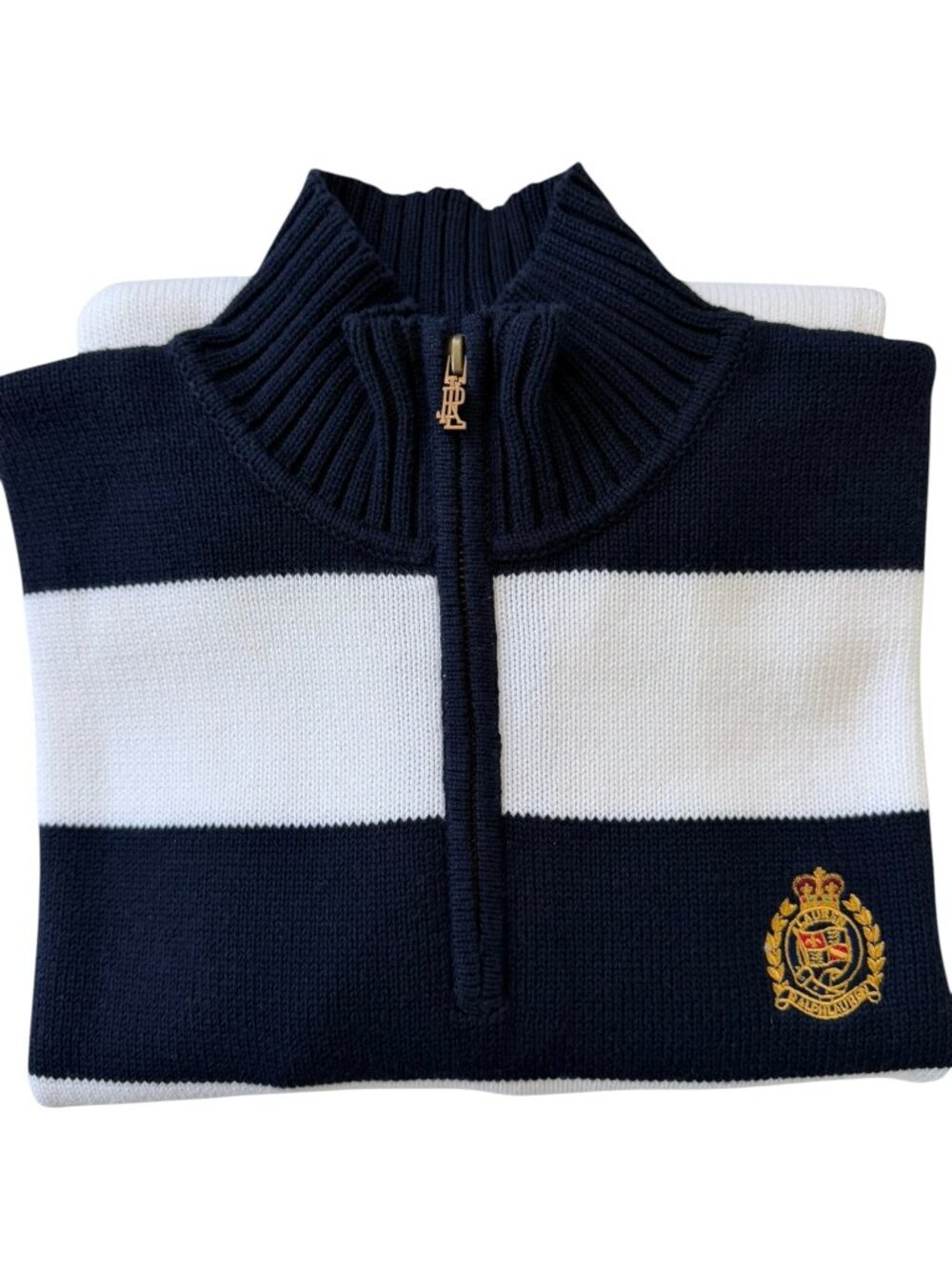 VTG Lauren Ralph Lauren 100% Cotton Striped 1/4 Zip Sweater Crest Logo Preppy L - Picture 3 of 12
